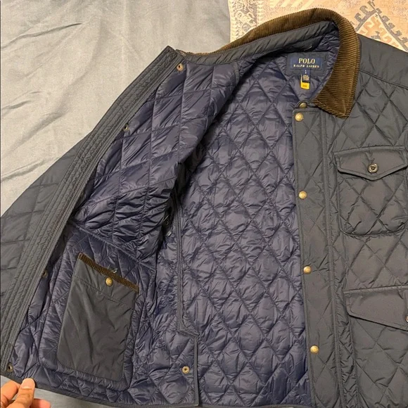 Polo Ralph Lauren Navy Quilted Jacket with Brown Collar - Picture 3 of 6